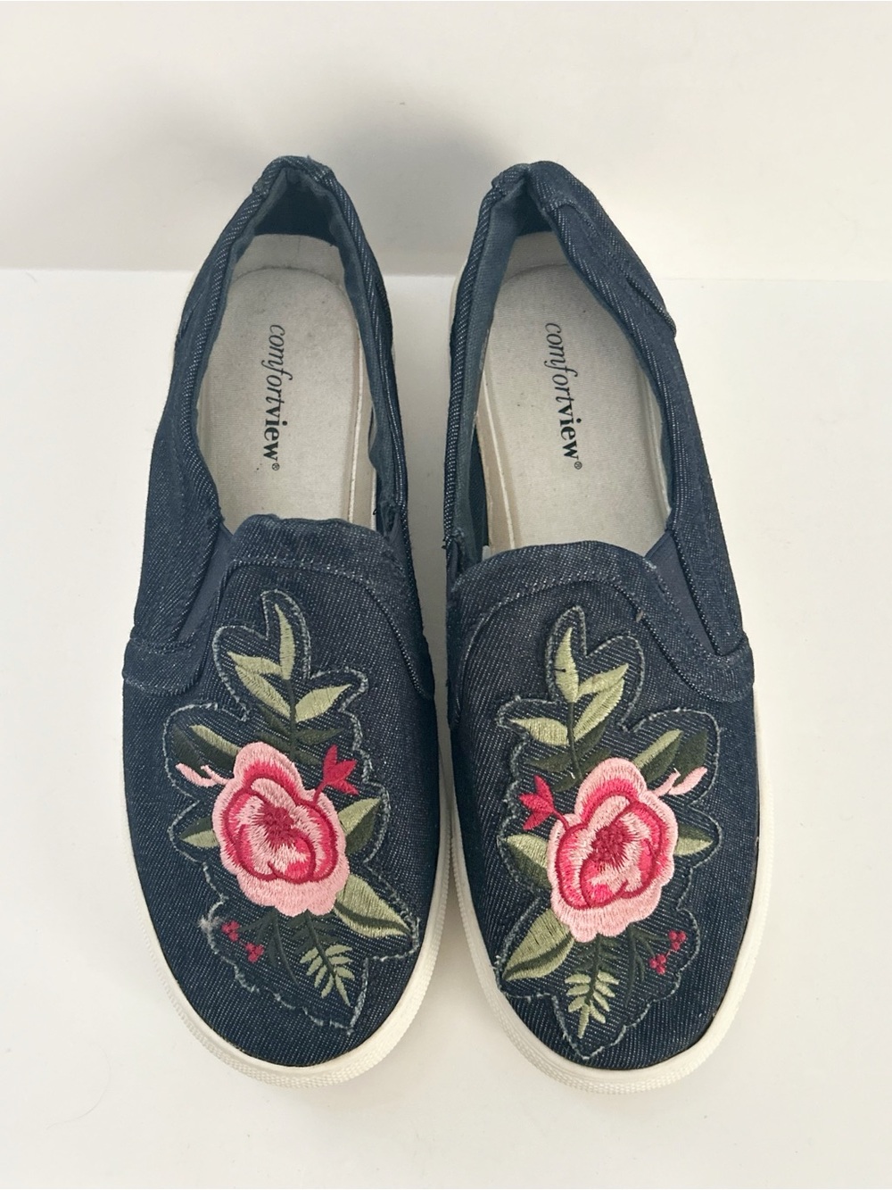 comfortview Navy Slip-On Sneakers with Pink Floral Appliqué | Size 8.5